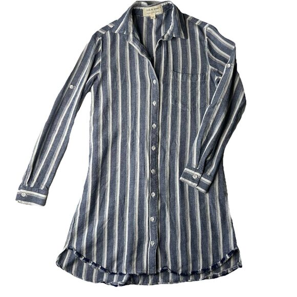 Cloth & Stone Women’s Knee Shirt Dress Roll Tab Blue Striped Long Sleeve XS - Picture 1 of 9
